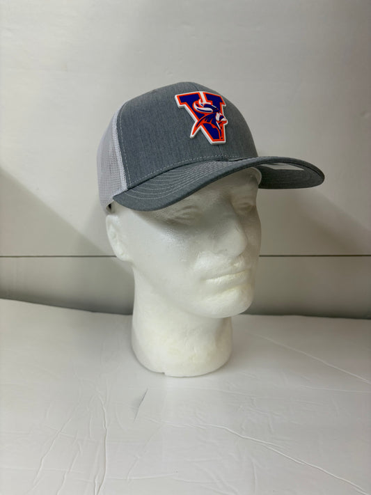 Gray Missouri valley college cap with a logo on a mannequin head against a white background