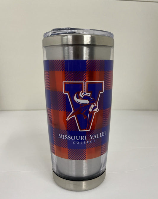 Missouri Valley travel mug with Missouri Valley V and Viking Head