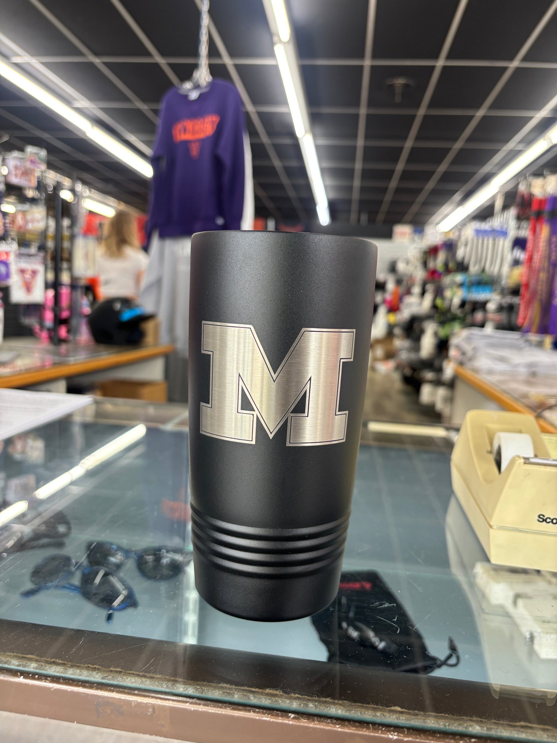 Laser Engraved ‘M’ Black 20oz Tumbler - Viking Athletic Goods