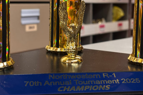 Decorative eagle with custom laser engraved plate, featuring a custom trophy on a blurred background.