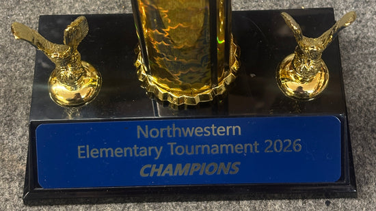 Trophy with 'Northwestern Elementary Tournament Champions' plaque on a gray surface