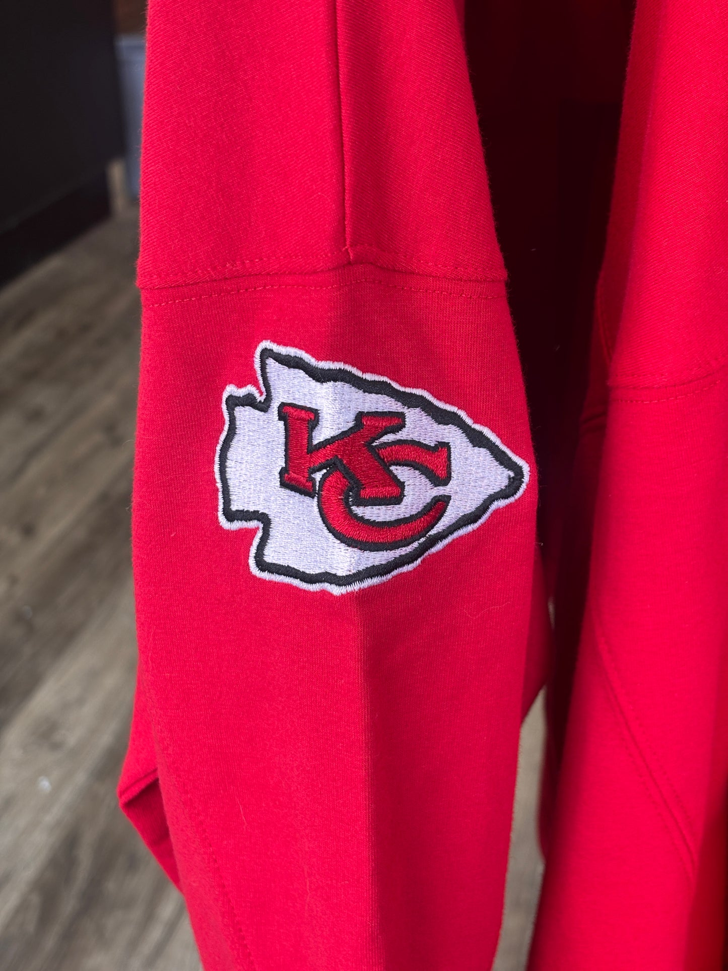 Red Chiefs Embroidered Crop Top - KC Arrowhead on sleeve - Viking Athletic Goods