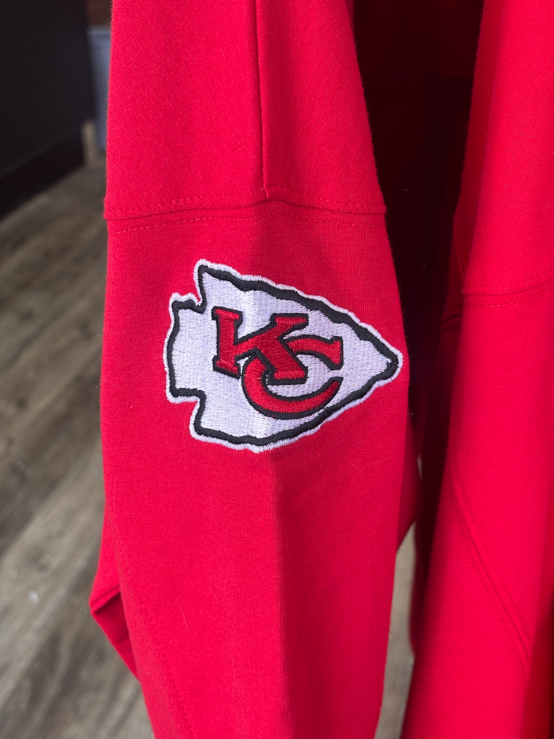 Red Chiefs Embroidered Crop Top - KC Arrowhead on sleeve - Viking Athletic Goods